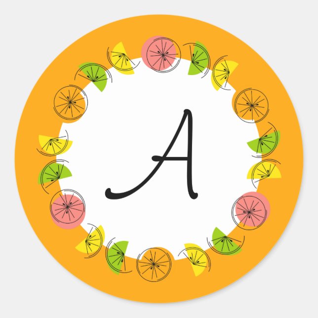 Naranja de circulo cítrico Monograma pegatina redo (Anverso)