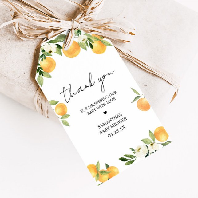 Naranja de cítricos botánicos Pequeña etiqueta de  (Little Cutie Botanical Citrus Orange Baby Shower Favor Tags)