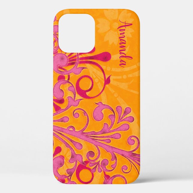 Naranja de color rosa caliente elegante funda Flor (Reverso )