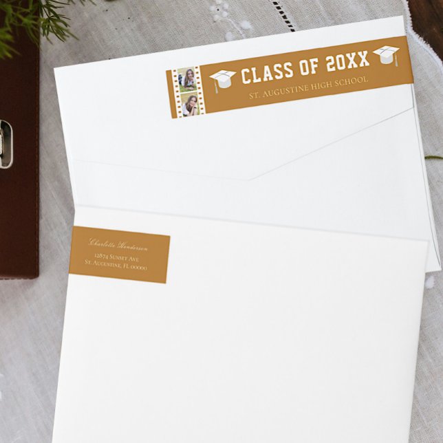 Naranja de dirección de graduación de Collage de f (Orange Filmstrip Photo Collage Graduation Wrap Around Address Label)