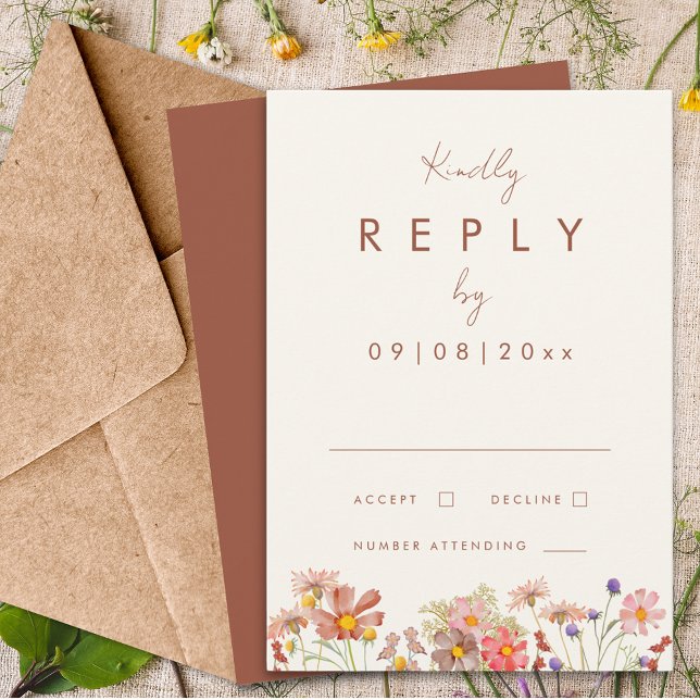 Naranja de flores silvestres respuesta a la boda d (Boho wildflower terracotta burnt orange fall wedding invitation reply enclosure card)