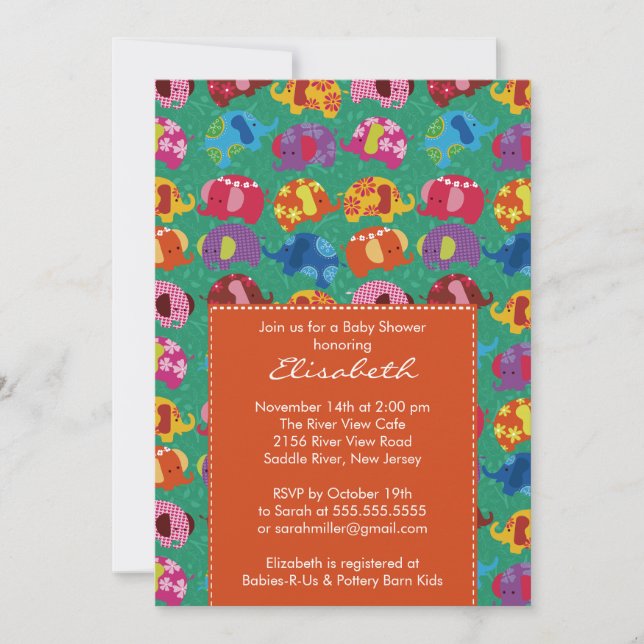 Naranja de invitación a Baby Shower para elefantes (Anverso)