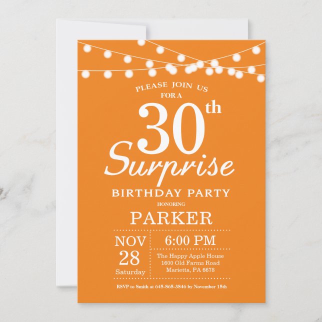 Naranja de Invitación de Cumpleaños de Surprise 30 (Anverso)
