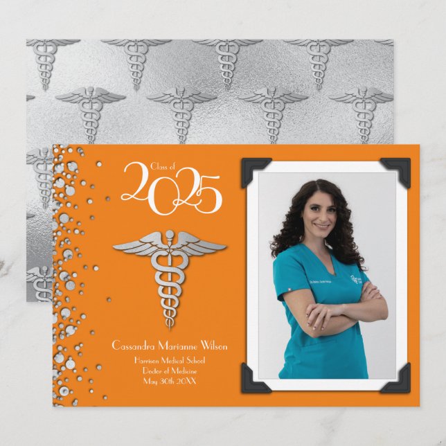 Naranja de Invitación de graduación médico Silver (Anverso / Reverso)
