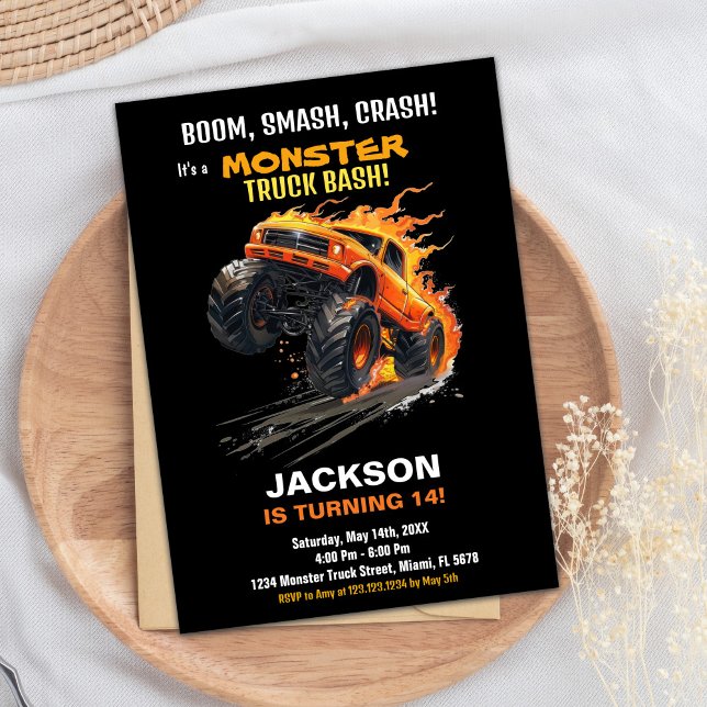 Naranja de invitaciones a cumpleaños de monster Tr (Monster Truck Birthday Invitations Orange Fire)