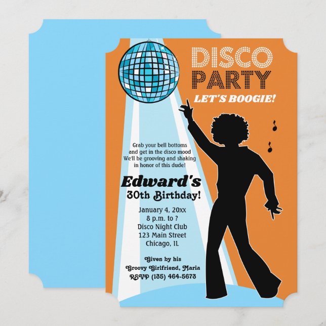 Naranja de invitaciones a discoteca de cumpleaños  (Anverso / Reverso)