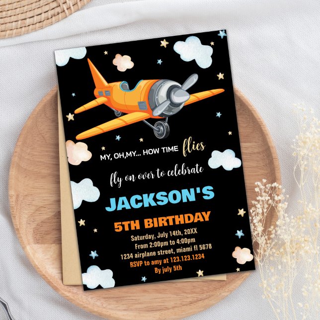Naranja de invitaciones de cumpleaños a avión Blac (Airplane Birthday Invitations Orange Black BK)