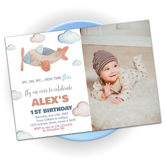 Naranja de invitaciones de cumpleaños a avión con  (Airplane Birthday Invitations Orange with photo)
