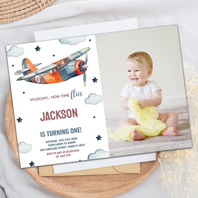 Naranja de invitaciones de cumpleaños a avión con  (Airplane Birthday Invitations Orange With photo)