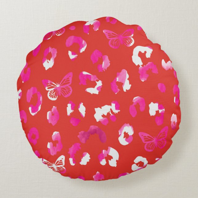 Naranja de mariposa leopardo Almohada redonda rosa (Reverso)