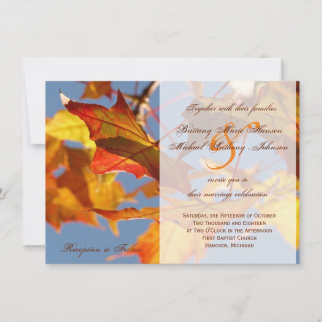 Naranja de otoño deja la invitación a la boda de o (Anverso)