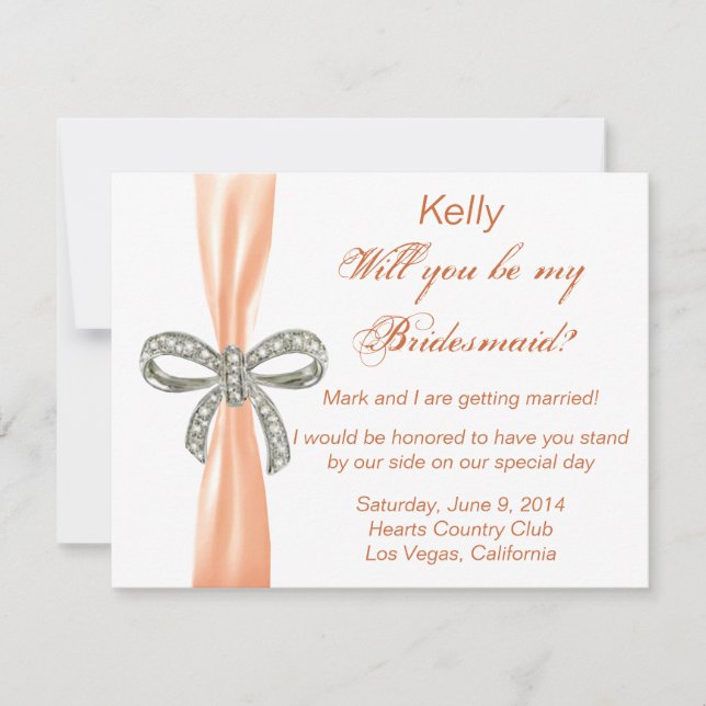 Naranja Diamond Bow Boda tarjeta de dama de honor (Anverso)