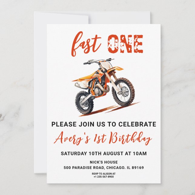 Naranja Dirt Bike Invitación de cumpleaños (Anverso)