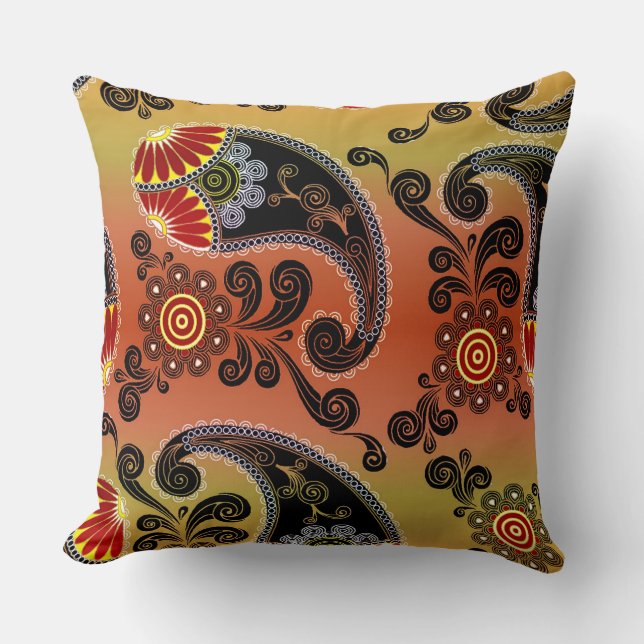 Naranja dorado y Cojín decorativo Paisley negro (Anverso)