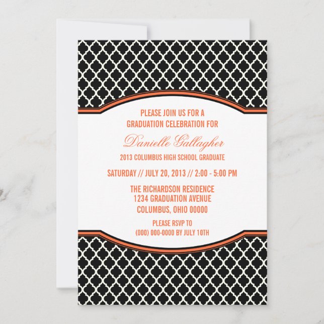 Naranja Elegante Quatrefoil Graduación Invitación (Anverso)