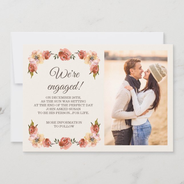 Naranja Fall Floral Photo Engagement Invitación (Anverso)