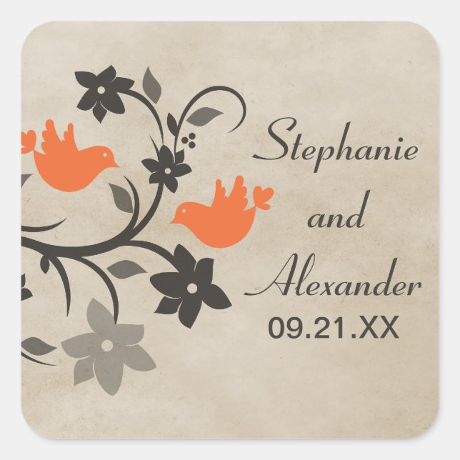 Naranja Floral Aves Bodas Pegatinas (Anverso)