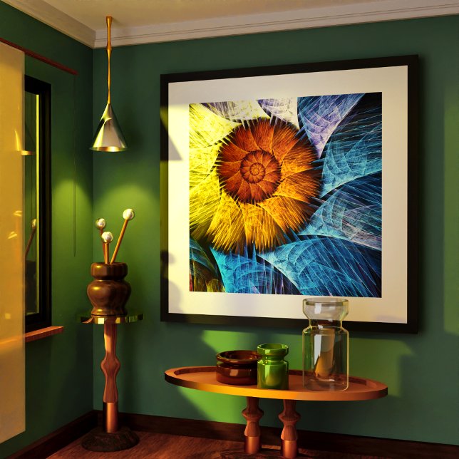 Naranja floral Azul amarillo abstracto arte (Floral Orange Yellow Blue Abstract Art Poster)