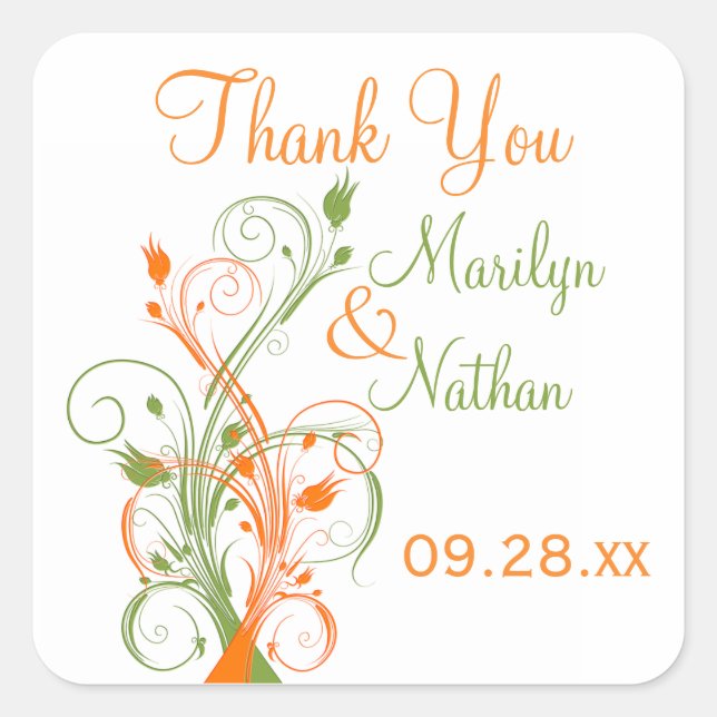 Naranja Floral blanca verde 1,5" Boda Pegatina (Anverso)