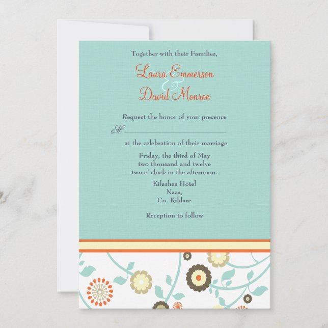 Naranja floral e invitación a la boda azul (Anverso)