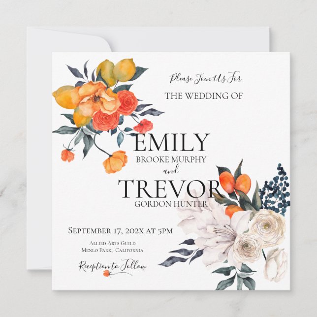 Naranja floral e invitación a la boda blanca (Anverso)