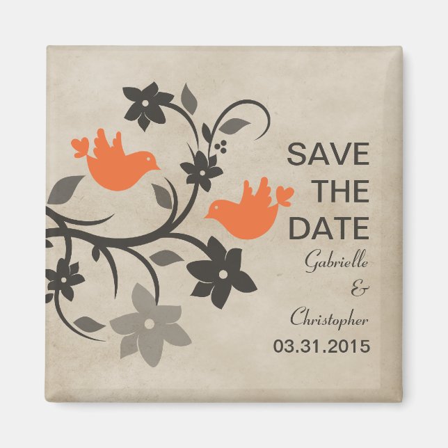 Naranja Floral Lovebirds Salvar el imán de fecha (Frente)