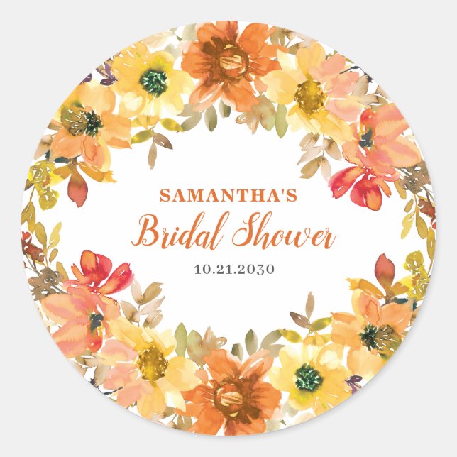 Naranja Floral Otoño Bridal Shower Pegatina (Anverso)
