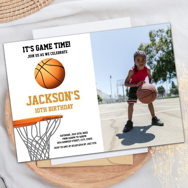 Naranja Foto Ball Baloncesto Invitaciones de cumpl (Orange Photo Basketball Ball Birthday Invitations)