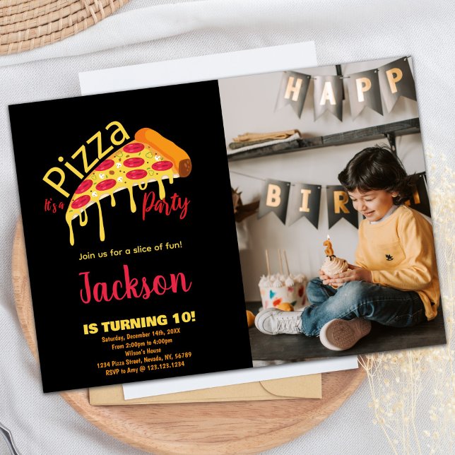 Naranja fotográfico Invitaciones a cumpleaños de P (Photo Orange Black Red Pizza Birthday Invitations)