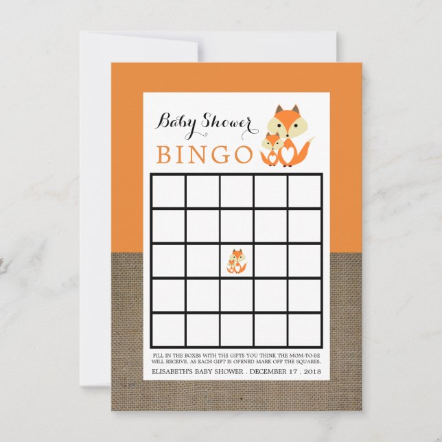 Naranja Fox Burlap Baby Shower Bingo (Anverso)
