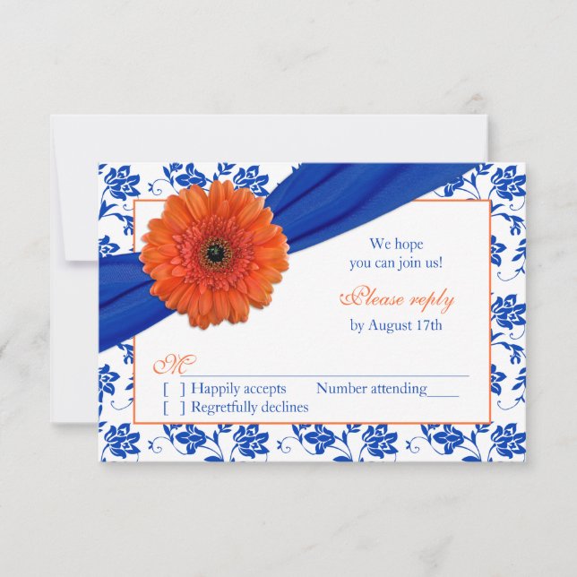 Naranja Gerber Cobalto Damask Floral RSVP de Boda (Anverso)