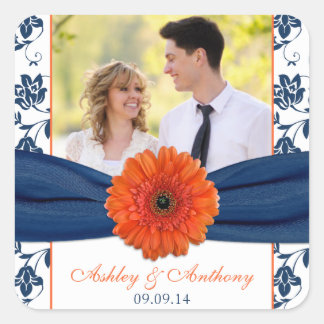 Naranja Gerber Daisy Navy Damask Pegatinas de boda