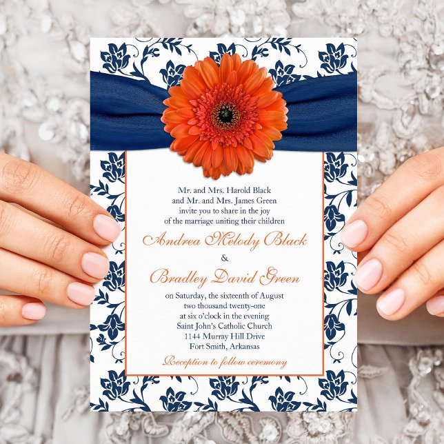 Naranja Gerber Daisy Navy Invitación a la boda flo (Subido por el creador)