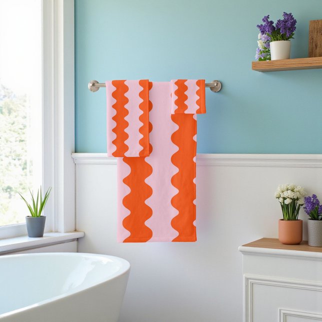 Naranja Groovy Stripe Minimalista Primavera (Orange Pink Groovy Stripe Minimalist Spring Summer Bath Towel Set)
