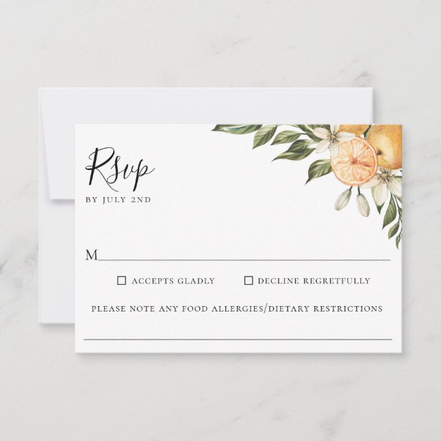 Naranja Grove Citrus Boda Alergia alimentaria RSVP (Anverso)