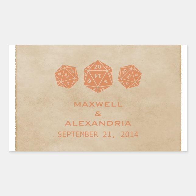 Naranja Grunge D20 Dice Pegatinas de Boda (Anverso)