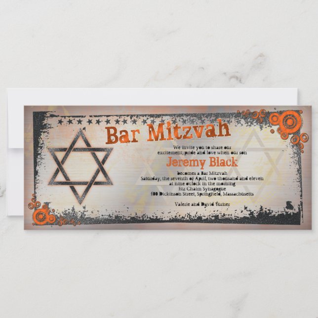 Naranja Grunge, Negro, Bar Gris Invitación Mitzvah (Anverso)