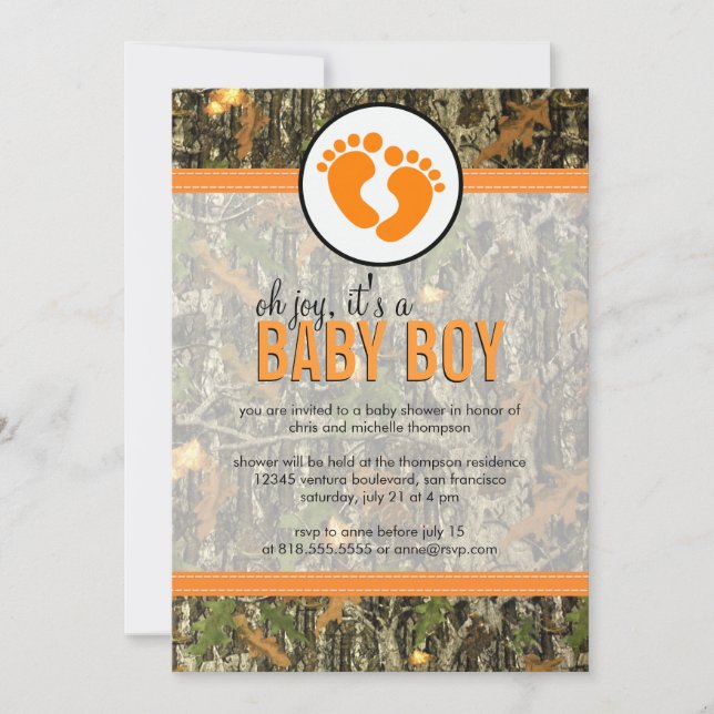 Naranja - Invitación a ducha Camo Baby Boy (Anverso)
