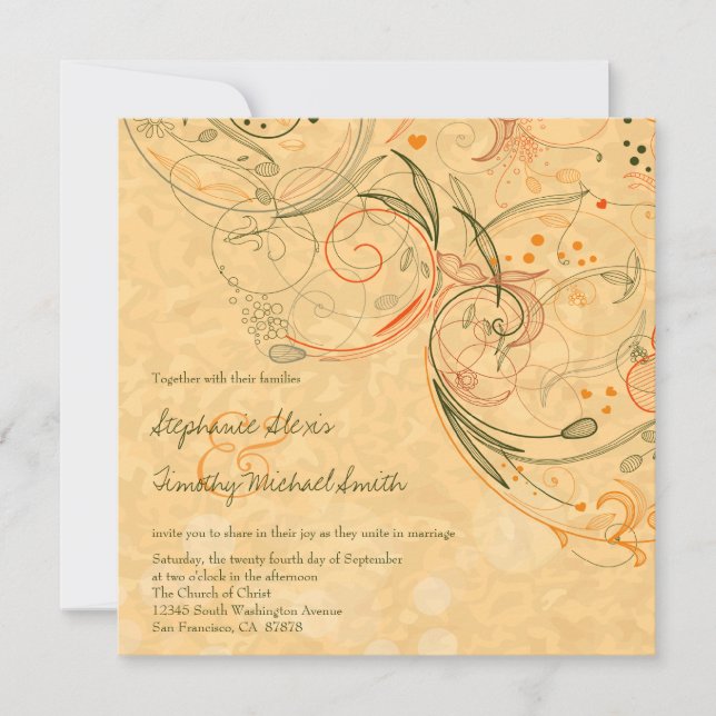 Naranja + invitación a la boda con flores de oliva (Anverso)