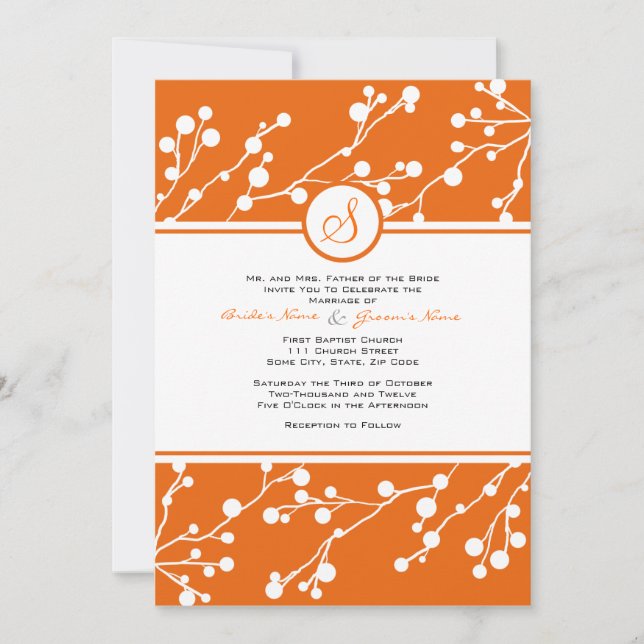 Naranja, Invitación a la Boda en Monograma Floral  (Anverso)