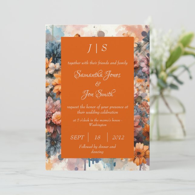 naranja Invitación floral moderna a la boda (Anverso de pie)