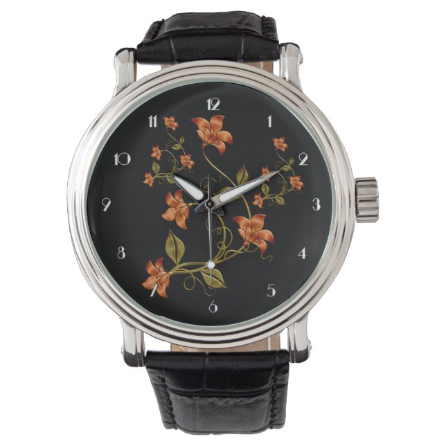 Naranja Lillies Modelo floral Reloj de pulsera neg (Anverso)