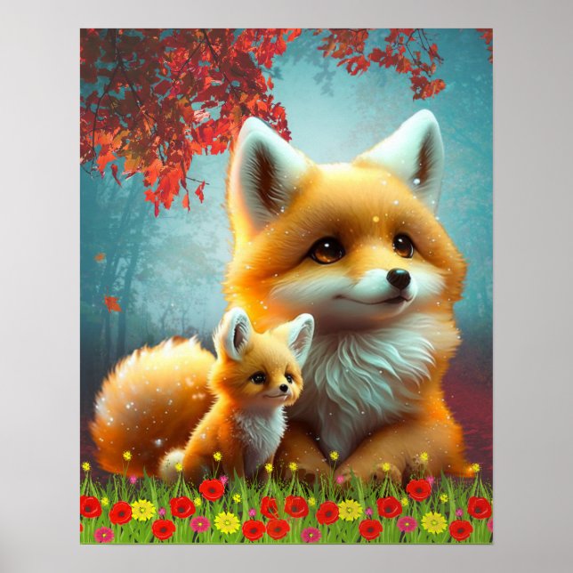 Naranja lindo Fox Mamá y Nursera de Arte Infantil (Frente)