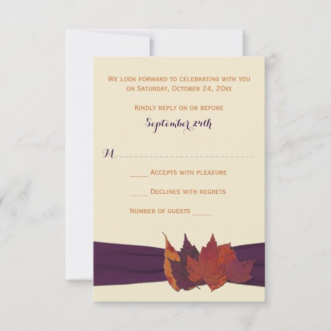 Naranja, marfil, hojas secas moradas boda RSVP (Anverso)