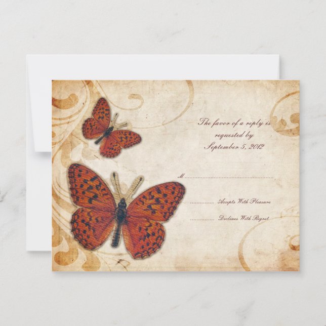 Naranja Mariposas Vintage Wedding RSVP (Anverso)