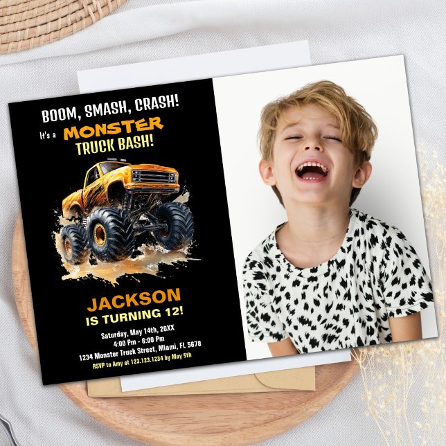 Naranja Monster Truck Invitaciones de cumpleaños F (Orange Monster Truck Birthday Invitations Photo)