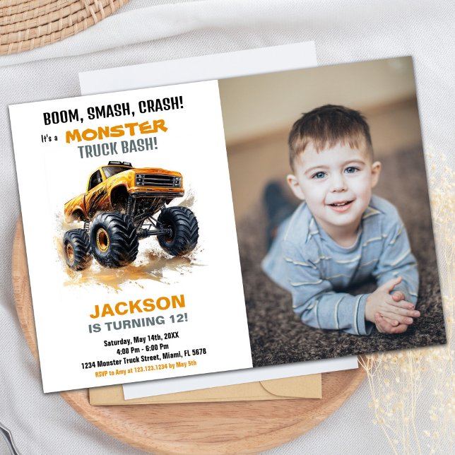Naranja Monster Truck Invitaciones de cumpleaños F (Orange Monster Truck Birthday Invitations Photo)
