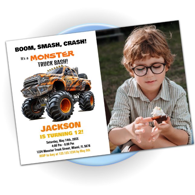 Naranja Monster Truck Invitaciones de cumpleaños F (Orange Monster Truck Birthday Invitations Photo)