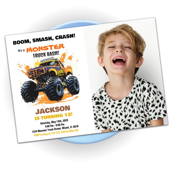 Naranja Monster Truck Invitaciones de cumpleaños F (Orange Monster Truck Birthday Invitations Photo)