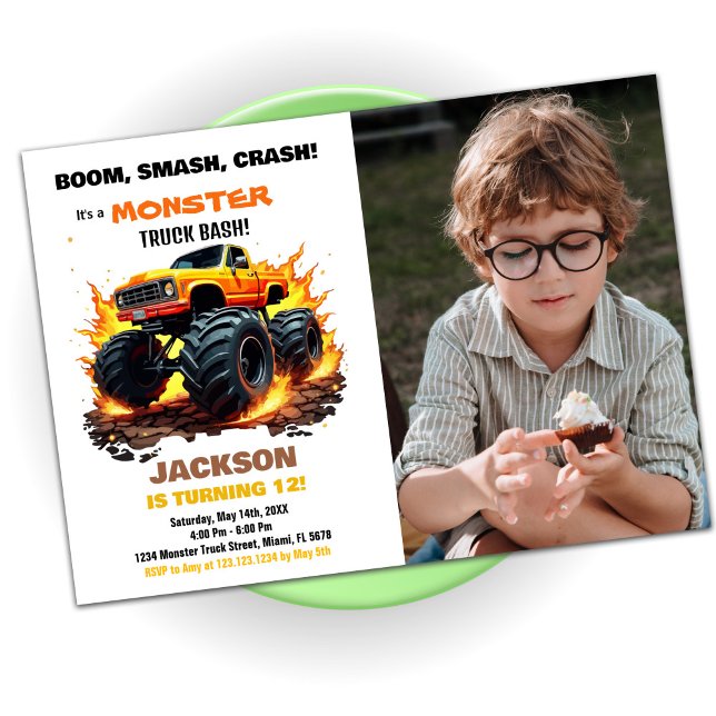 Naranja Monster Truck Invitaciones de cumpleaños F (Orange Monster Truck Birthday Invitations Photo)